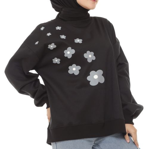 Biiu Sweater Flower Black Crewneck Oversize