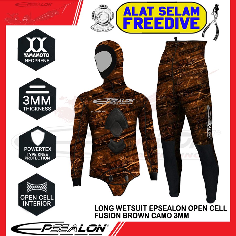 Long Wetsuit Spearfishing Epsealon Opencell Brown Camo 3mm No Cressi