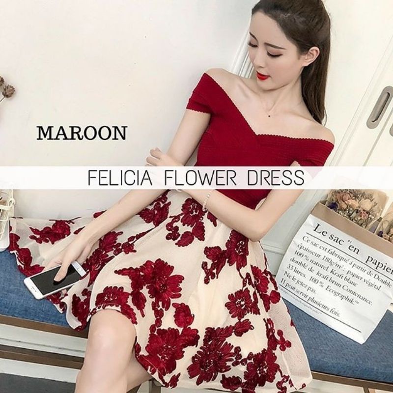 Felicia Flower Dress wanita baju wanita maroon merah