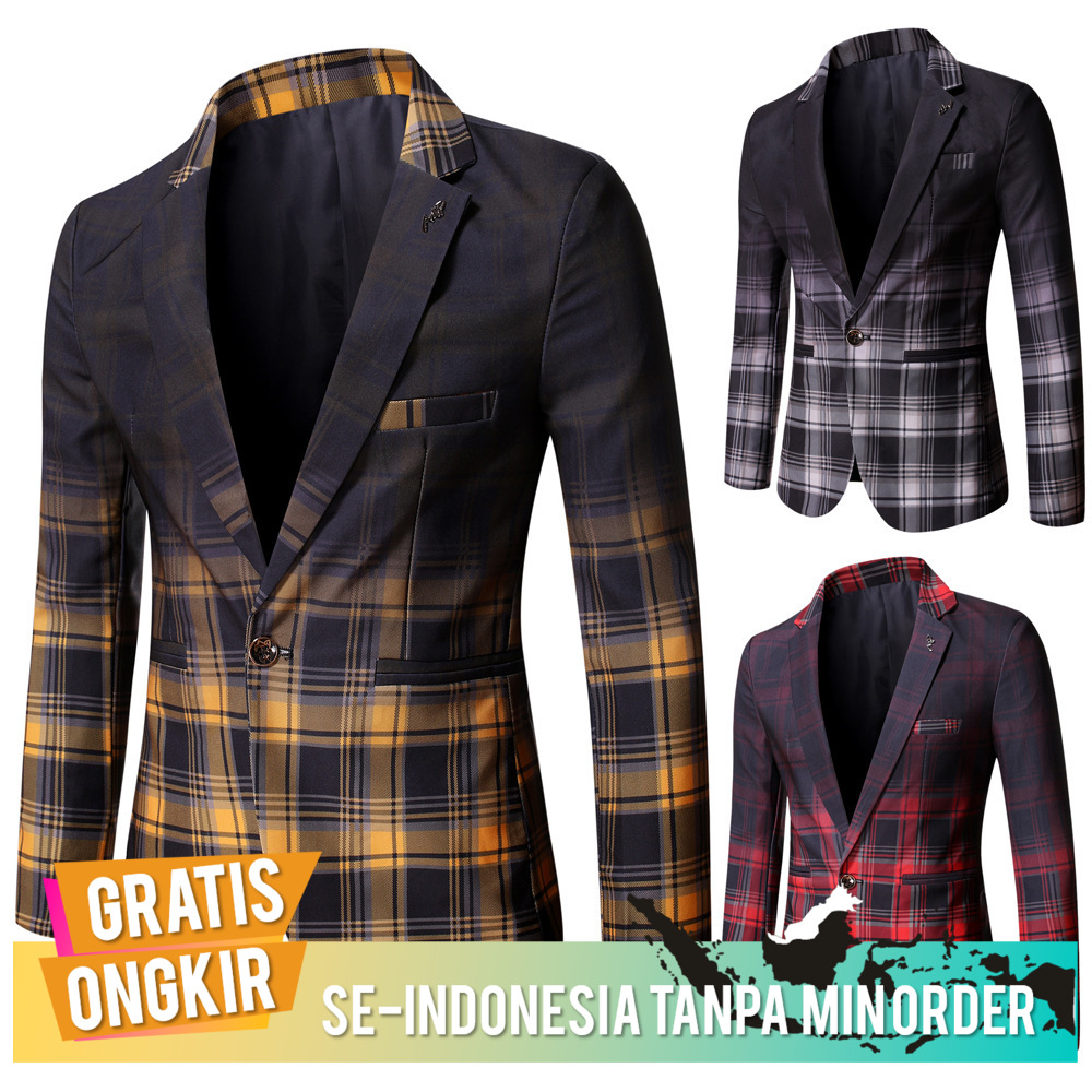 Xiangnian 2021 Spring Blazer Pria Slim Fit Kasual Kotak-kotak