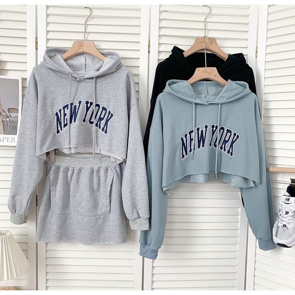 newyork crop hoodie oversize - sweater hoodie wanita