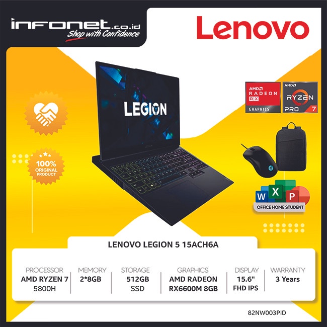 LENOVO LEGION 5 15ACH6A RYZEN 7 5800H 16GB 512GB SSD RX6600M 8GB 15.6" FHD IPS 165Hz W11 OHS
