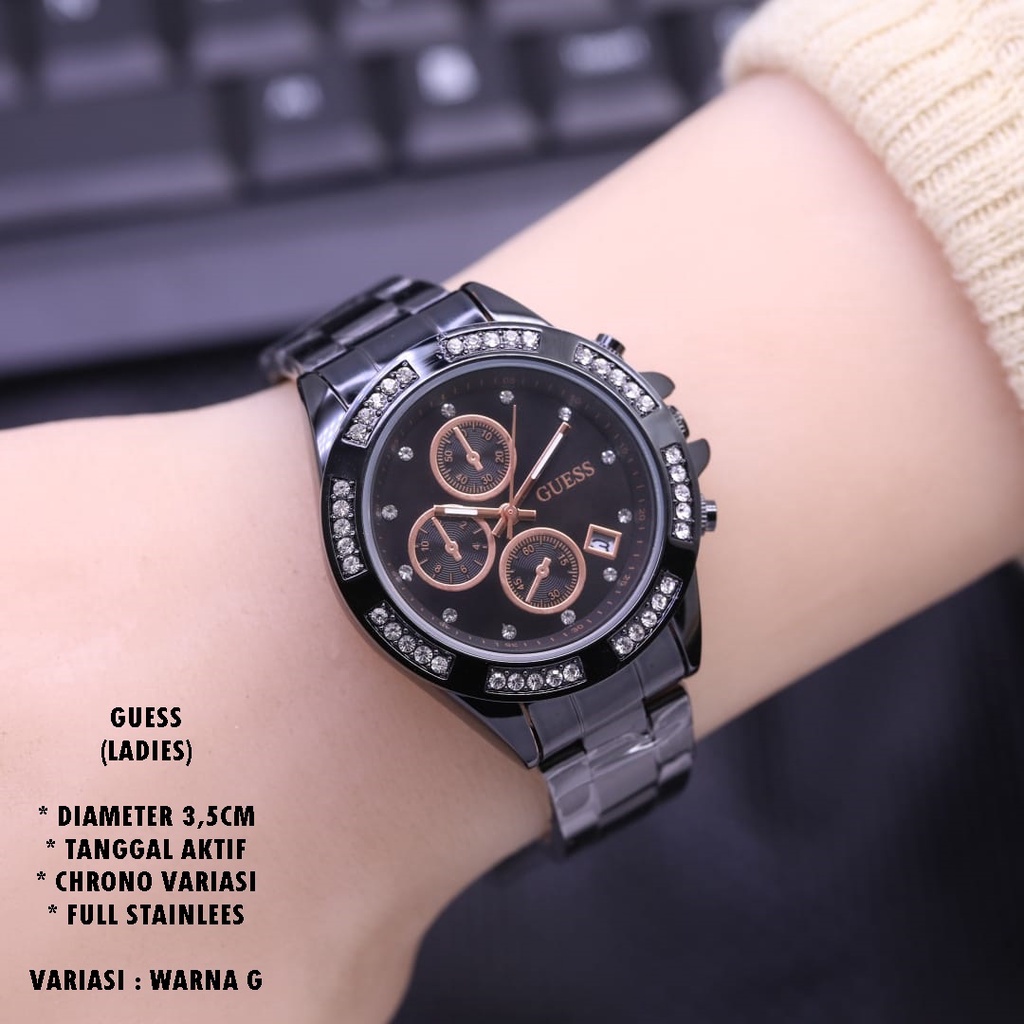 (BISA COD) JAM TANGAN WANITA GUESS RANTAI BODY BULAT TANGGAL AKTIF CHRONO OFF