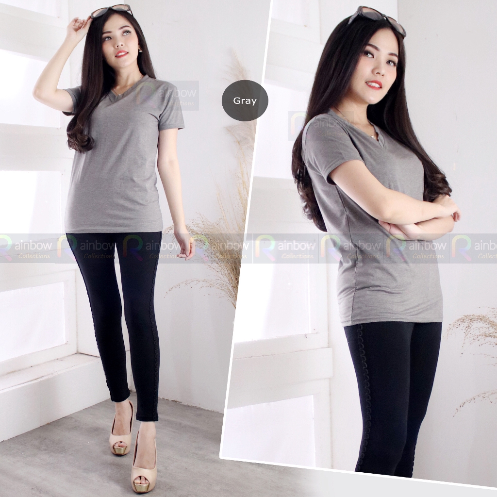 V-NECK Cewek TWOTONE Pendek L dan XXL / Kaos TUTON Basic Wanita Jumbo