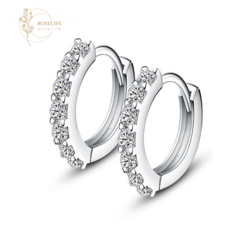 Roselife 1 Pasang Anting Bulat Sterling Silver 925 Hias Kristal / Zircon Gaya Simple Untuk Wanita