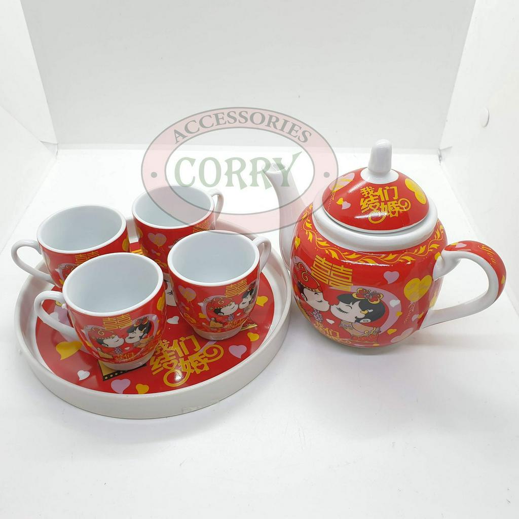 Teko Set Tea Pai Perkawinan Shuang Xi Merah Putih Naga Burung Hong 4 Cangkir Teh Wedding Shangjit