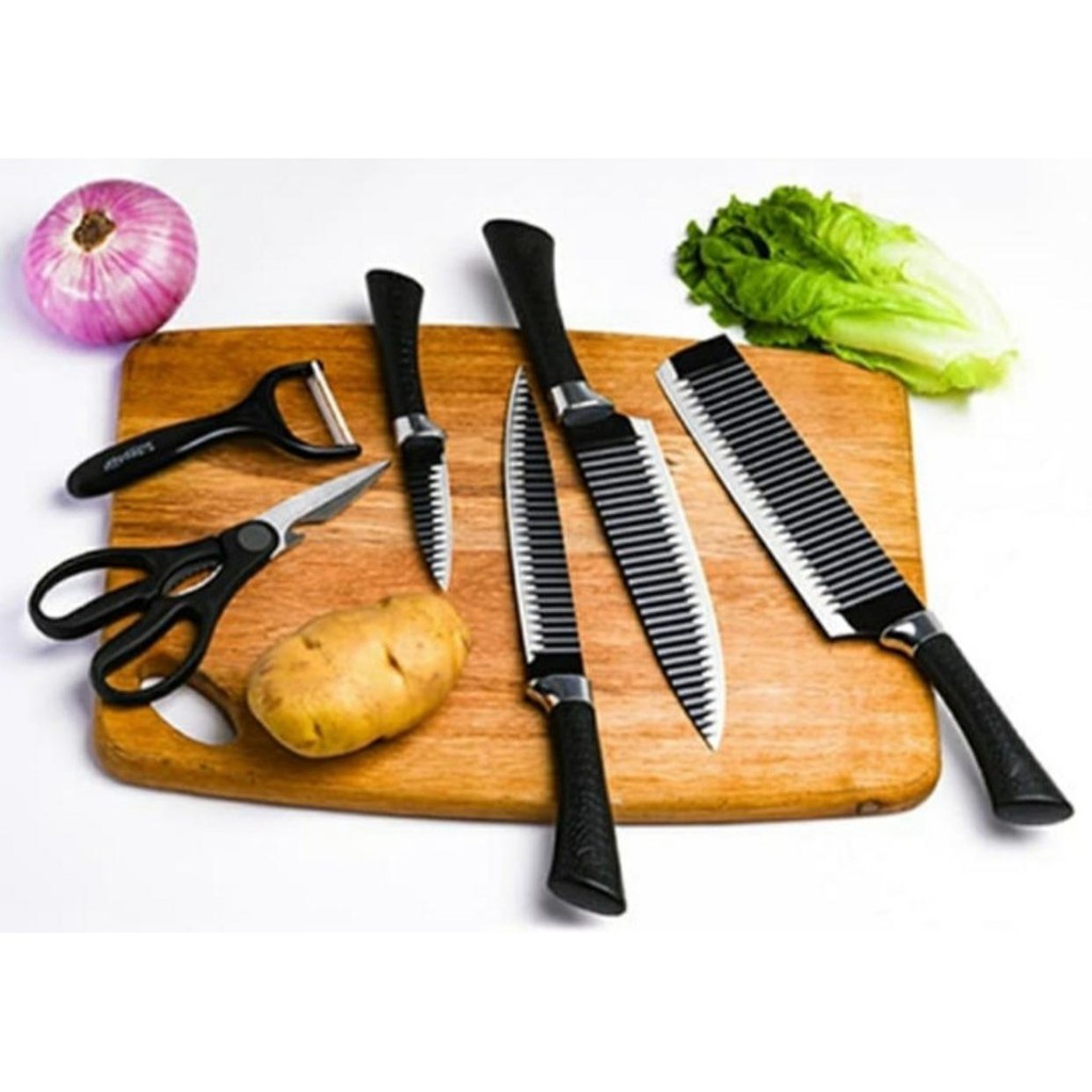 Knife Set 6 pcs / Pisau Dapur Set / Set Pisau Stainless Steel Black J6 Premium