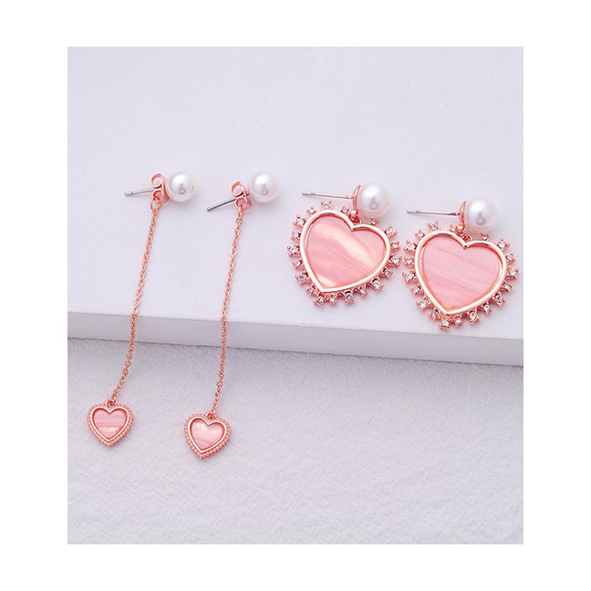 LRC Anting Tusuk Fashion Short Pink Heart-shaped Pearl Earrings F94082