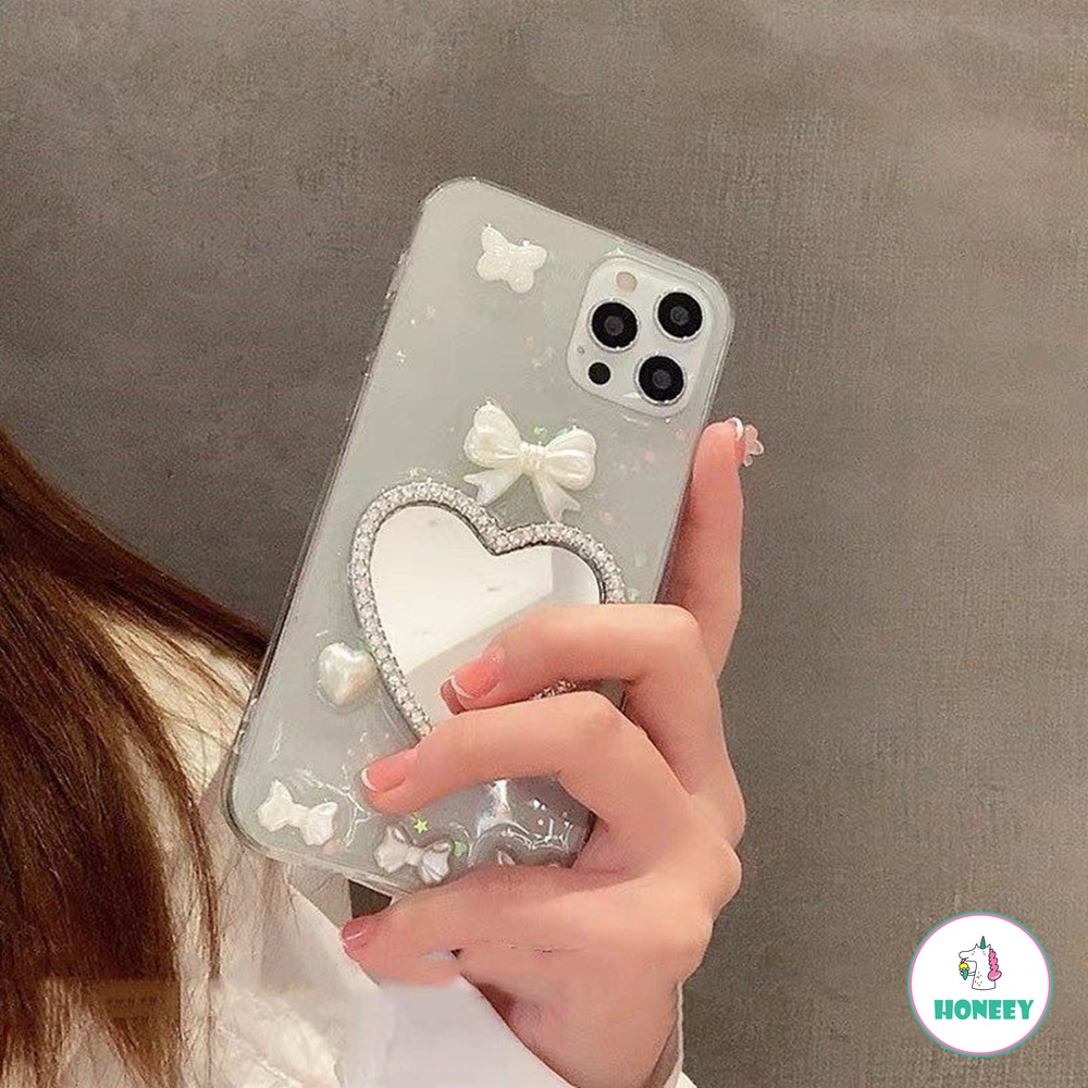 Luxury Bling Pearl White Butterfly Make Mirror Phone Case compatible for IPhone 14 13 12 11 Pro Max 7 Plus Anti-Fingerprint Matte Soft TPU Case