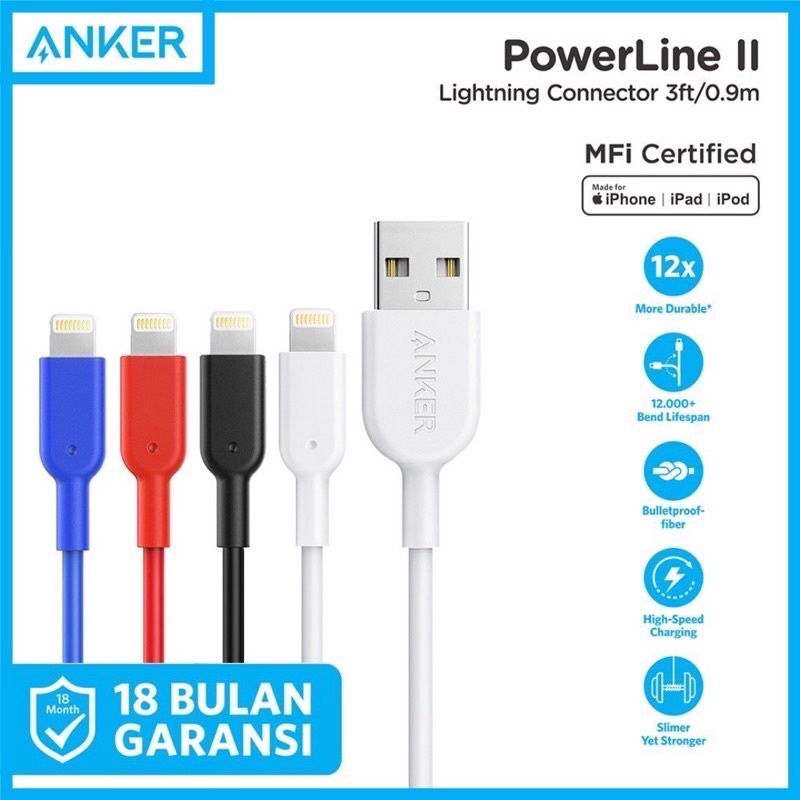 Kabel Charger ANKER PowerLine II Usb to Lightning Cable MFi Certified 3ft 0.9m A8432 - Kabel Cas for