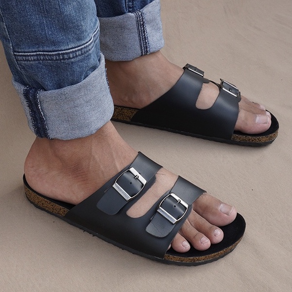 Sandal Slop Murah BIRKENSLIDE Kasual Slop Sendal GESPER Keren FullBlack Terlaris