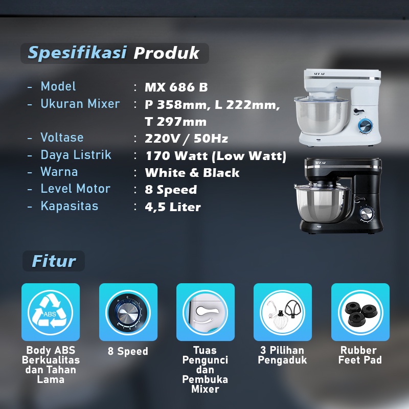 SEKAI Stand Mixer 4,5 Liter MX686B Pengaduk Adonan Low Watt MX 686B