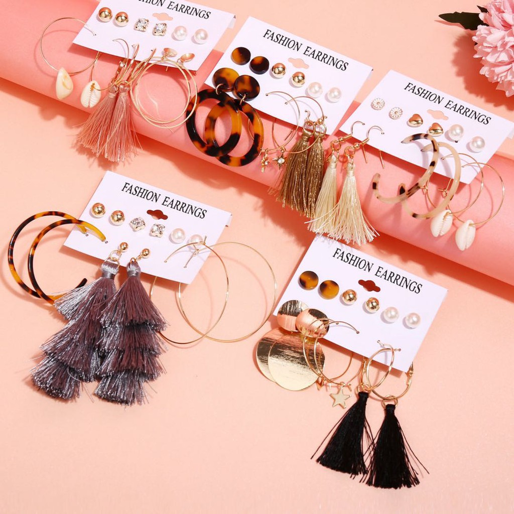 6 Pasang / Set Anting Tusuk Bentuk Lingkaran Aksen Mutiara + Rumbai Gaya Bohemian untuk Wanita