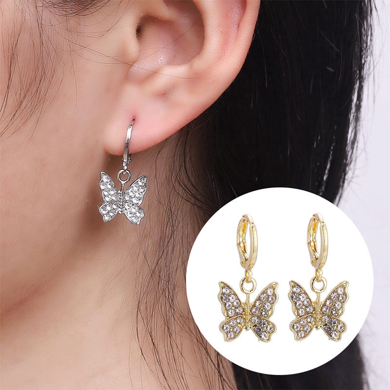 Anting Giwang Simple Model Kupu-Kupu Dengan Berlian Imitasi Untuk Wanita