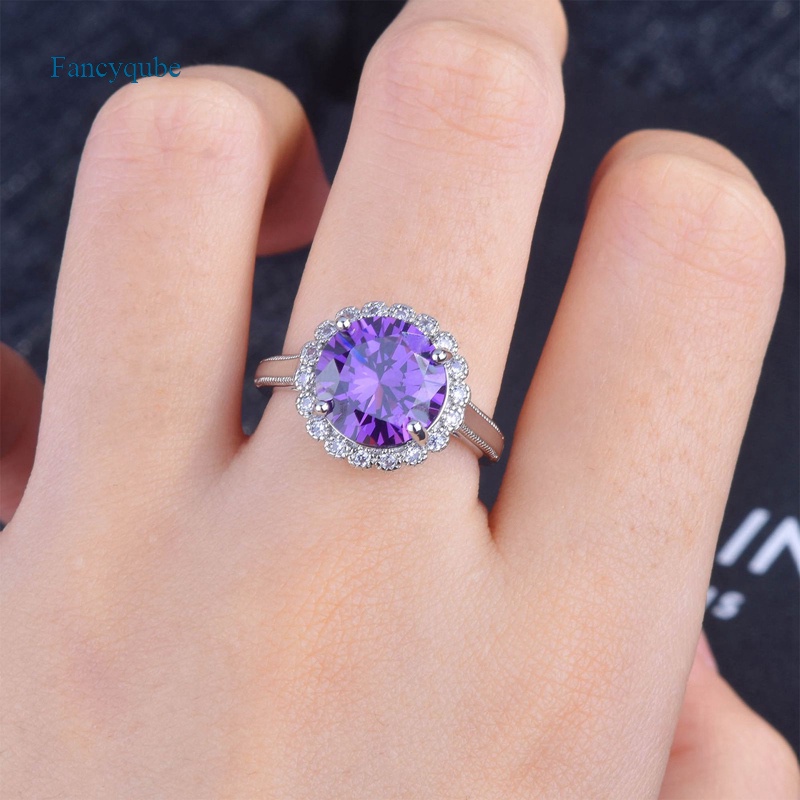 Fancyqube Cincin Zircon Kristal Ungu Besar Warna Silver Gaya Vintage Untuk Wanita