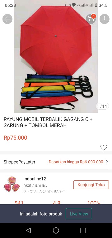 Payung Mobil Terbalik Gagang C + Sarung + Tombol Merah