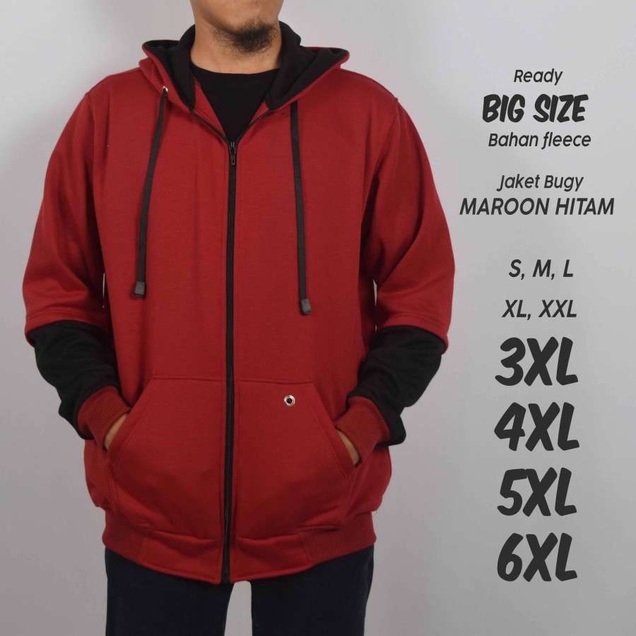 Jaket Zipper Pria Bugy Polos Hoodie Jumbo Big Size Marun Hitam Jaket Pria Wanita Murah