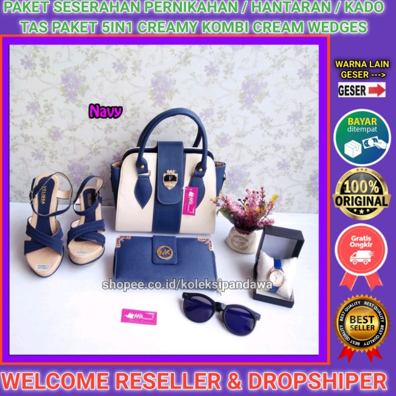 TAS PAKET SESERAHAN PERNIKAHAN JAM TANGAN WANITA DOMPET KACAMATA SENDAL WEDGES SANDAL WEDGES WANITA 