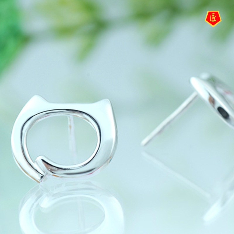 [Ready Stock]Silver Cute Fashion Hollow Cat Stud Earrings