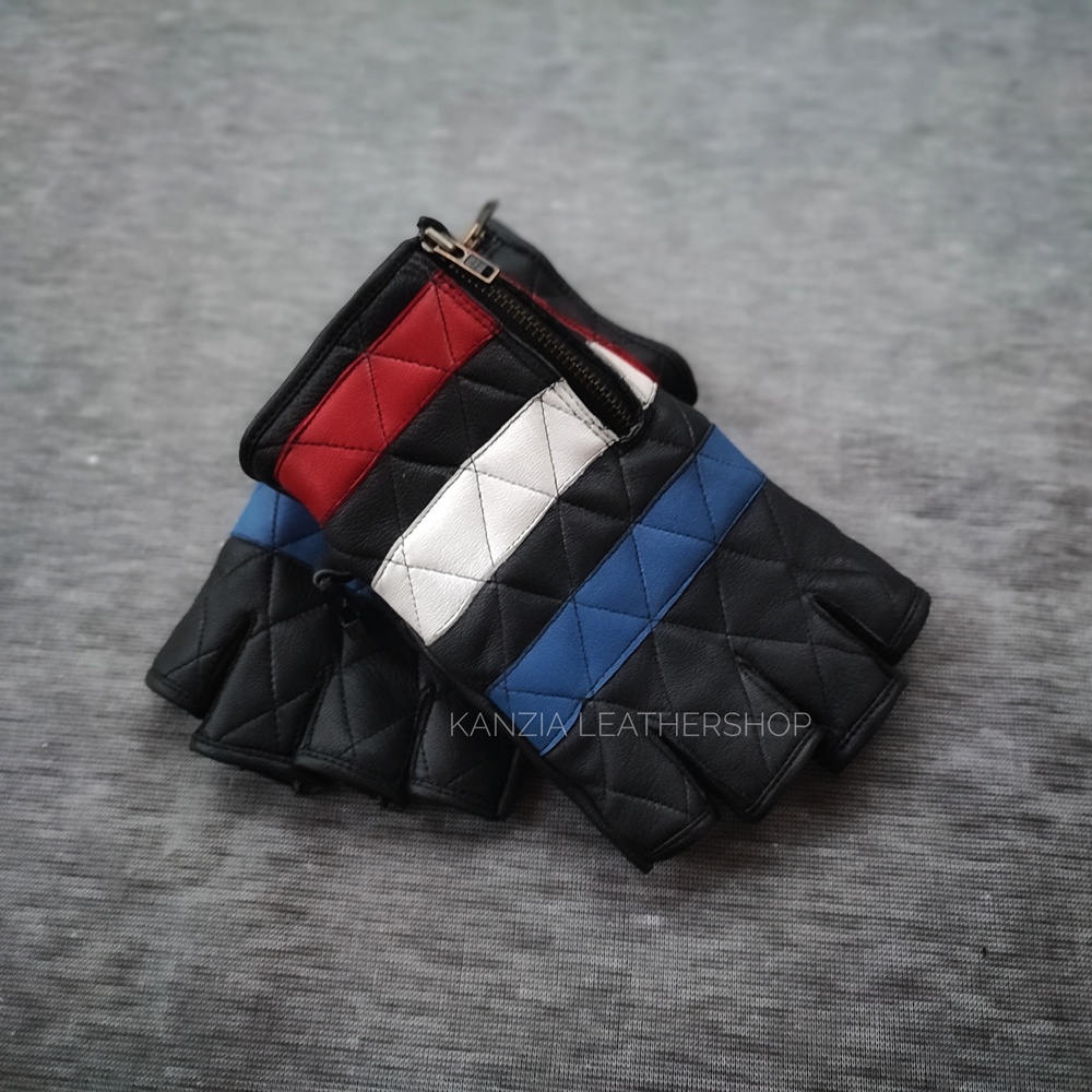 Sarung Tangan Motor Kulit Domba Motif Bendera - Leather Gloves Flag