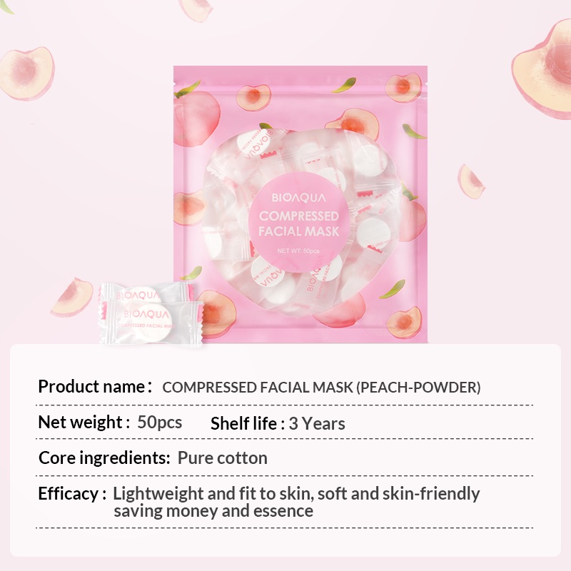 ✨ AKU MURAH ✨ BIOAQUA DIY Compressed Facial Face Mask isi 50 Pcs &quot;PEACH&quot; Sekali Pakai BPOM