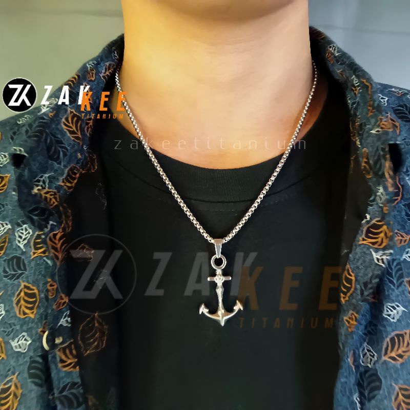 Kalung Titanium Pria Wanita Anti Karat Rantai Liontin Jangkar Silver Perak Rante Cowok Cewek Keren Real