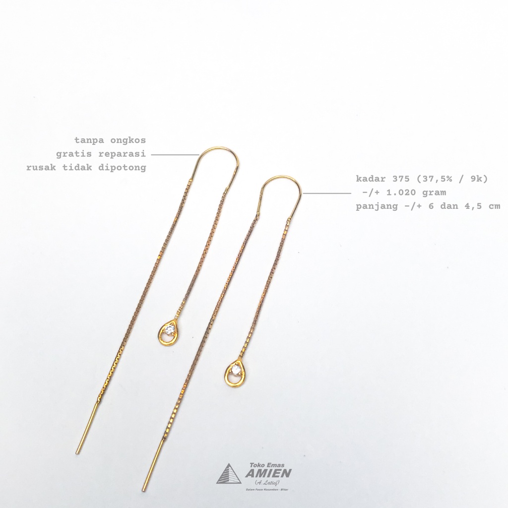 Toko Emas Amien Anting Emas Kadar 375 (37,5% / 9K) 1.020 gram - Giwang Itali Panjang Permata