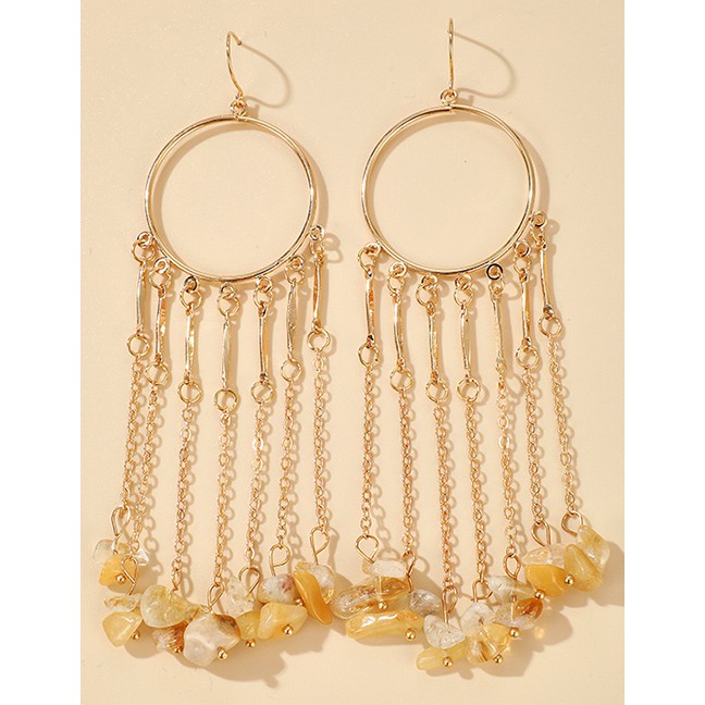 LRC Anting Gantung Fashion Golden Small Gravel Tassel Circle Alloy Earrings K44565