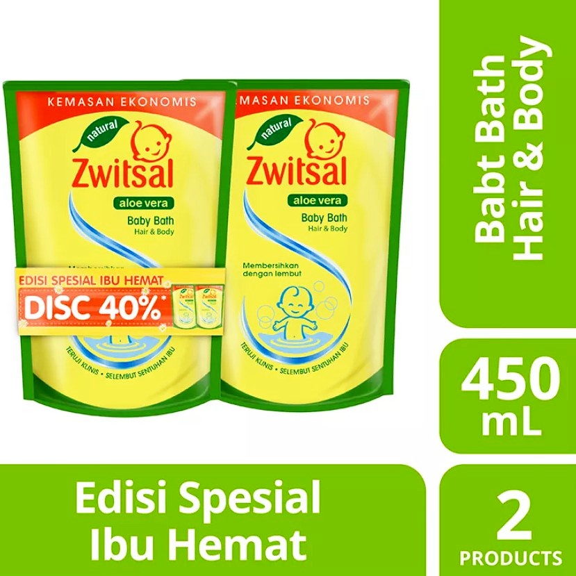 ZWITSAL Natural Baby Bath 2in1 2-in-1 Hair &amp; Body Pouch 450ml Twin Pack