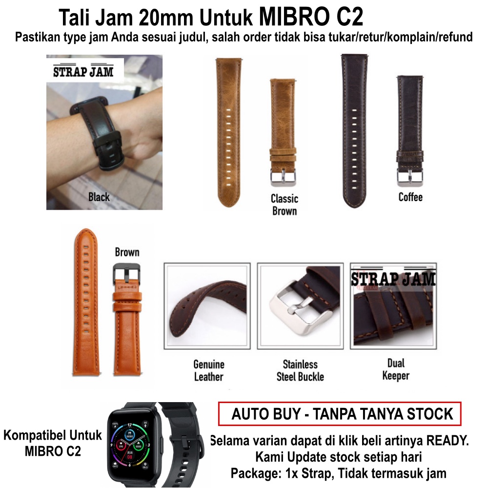 Tali Jam Tangan Mibro C2 - Strap 20mm Genuine Leather Kulit Model Classic
