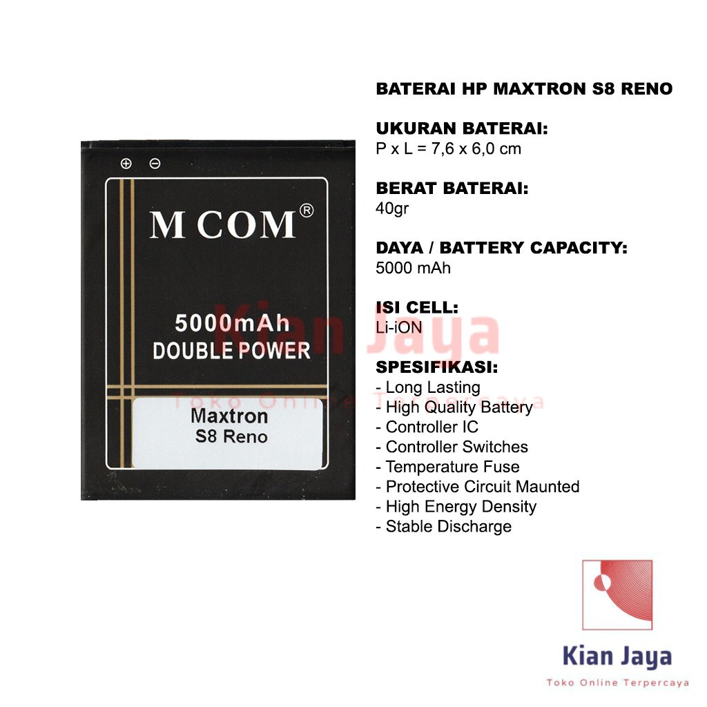 MCOM Baterai Hp Maxtron S8 Reno Original Double Power Batre Batrai Battery Ori