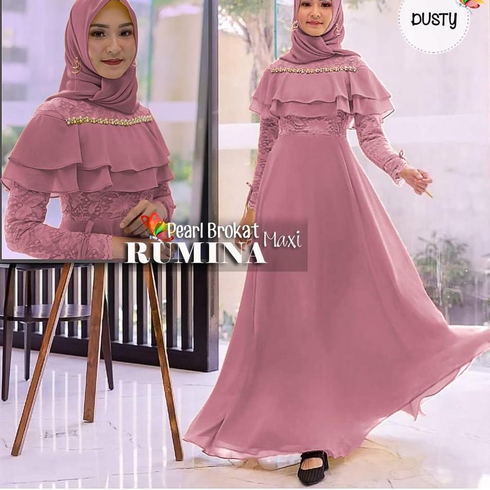 [Year Sale] Fxz90 GAMIS DRESS MUSLIM RUMINA BRUKAT PEARL | MAXI DRESS MURAH MOSCREPE BROKAT AKSEN MU