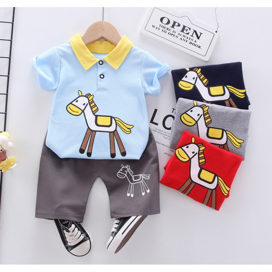 Setelan kaos polo shirt dan celana pendek/baju setelan bayi anak /pakaian anak laki laki  motif kuda