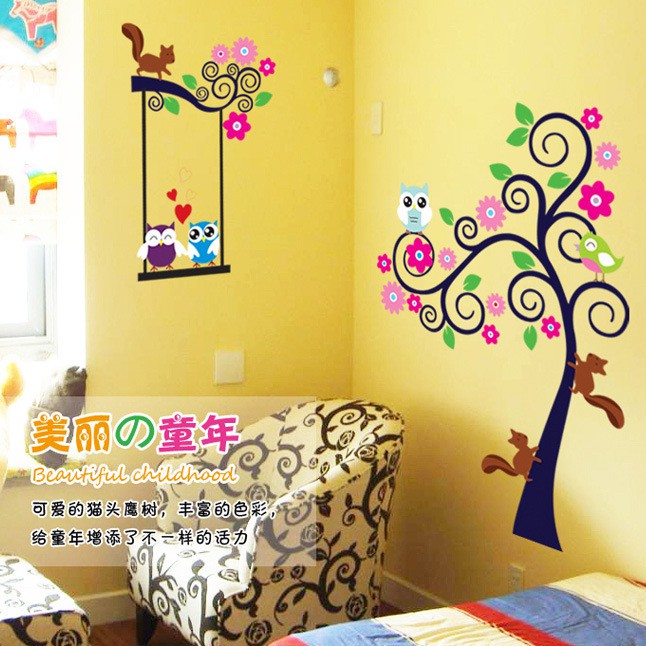 Reliza Wall Sticker Pohon Owl Tree Bird Colorfull Stiker Dinding LDR