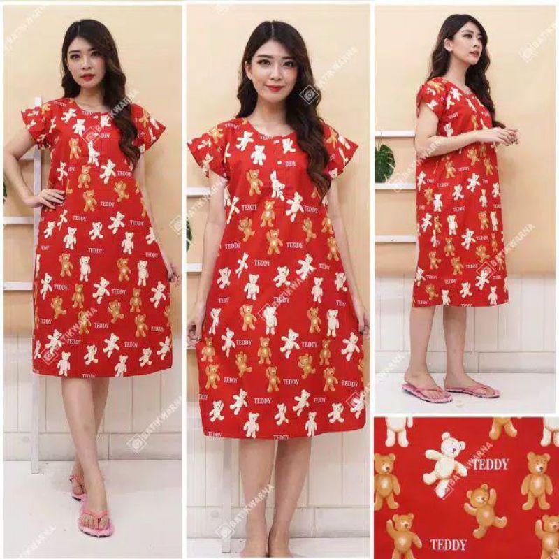 Daster Batik Lengan pendek - Motif Acak / Campur - Leher Kancing /Batik karakter busui-Panda cokput merah