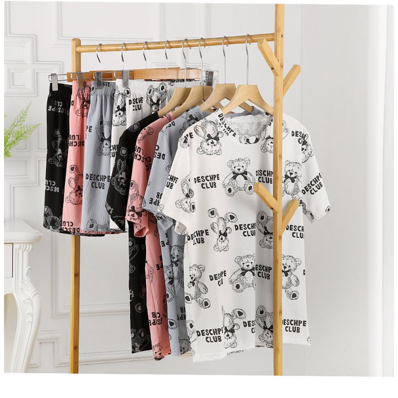 HUES.ID Pakaian Wanita Baju Tidur Wanita Piyama Lengan Pendek Import Motif Teddy Bear Fit to XXL 4062