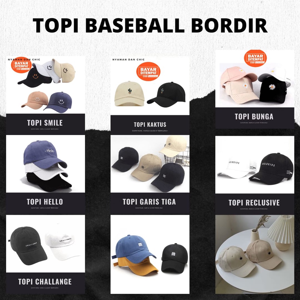 Topi Baseball Pria Wanita Dewasa Bordir Smiley Reclusive Bunga Daisy Challenge Kaktus Garis Tiga 3