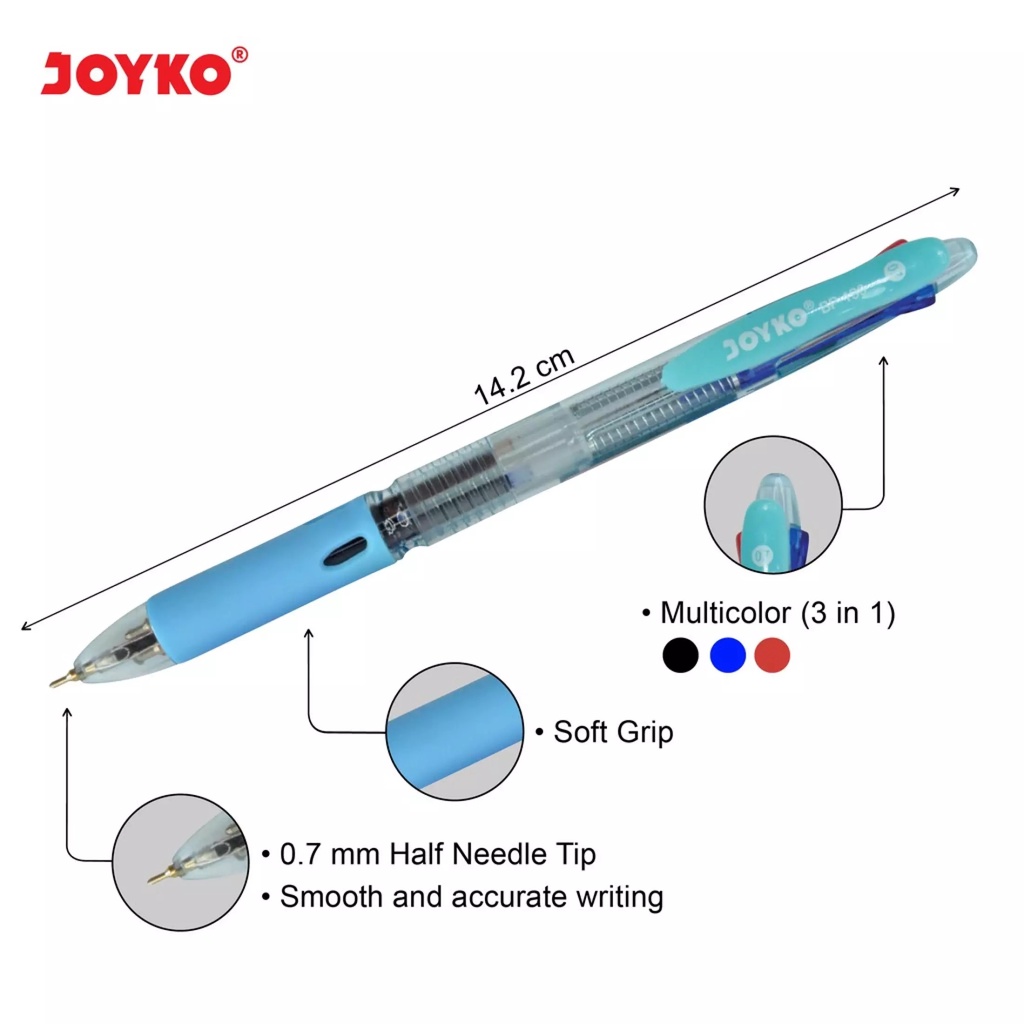 

RK Pulpen JOYKO BP 199 Trico 3 Warna Hitam - Biru - Merah 0.7 mm / Retractable Pen BP-199 Black -
