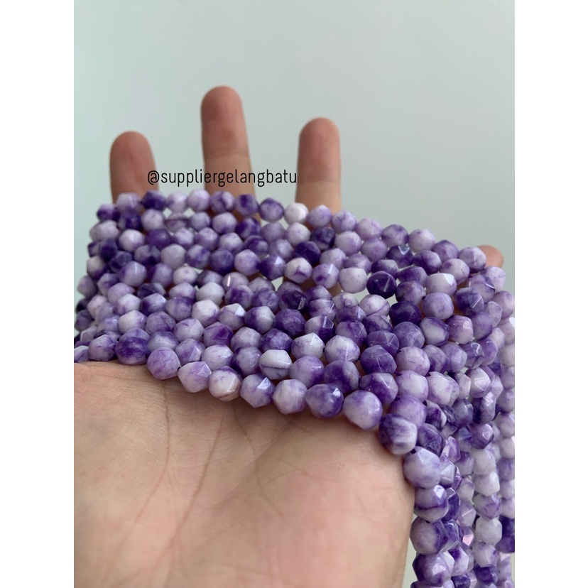 batu hexagon Stone 8mm white purple agate ungu putih agatis natural bahan aksesories lucu kalung gelang anting