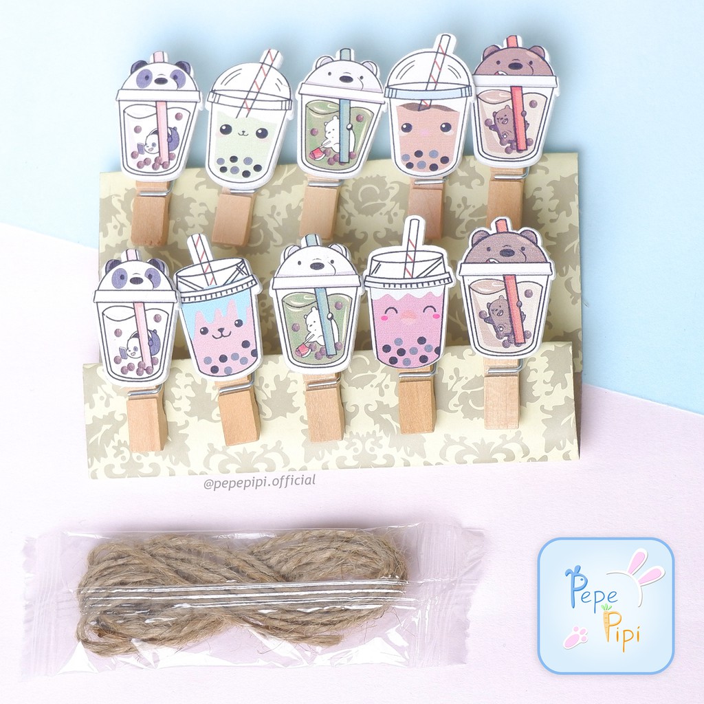 10 pcs Jepitan Foto BOBA WBB Bubble We Bare Bear Polaroid  1set  dan tali Gantungan Kayu Wooden Clip