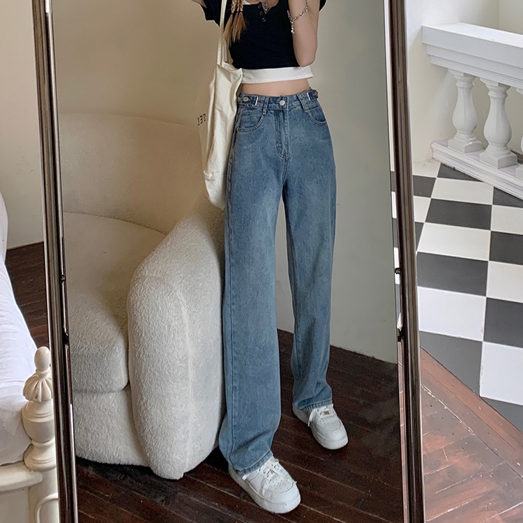 New Korean retro high-waist loose jeans straight-legged wide-legged celana panjang Wanita