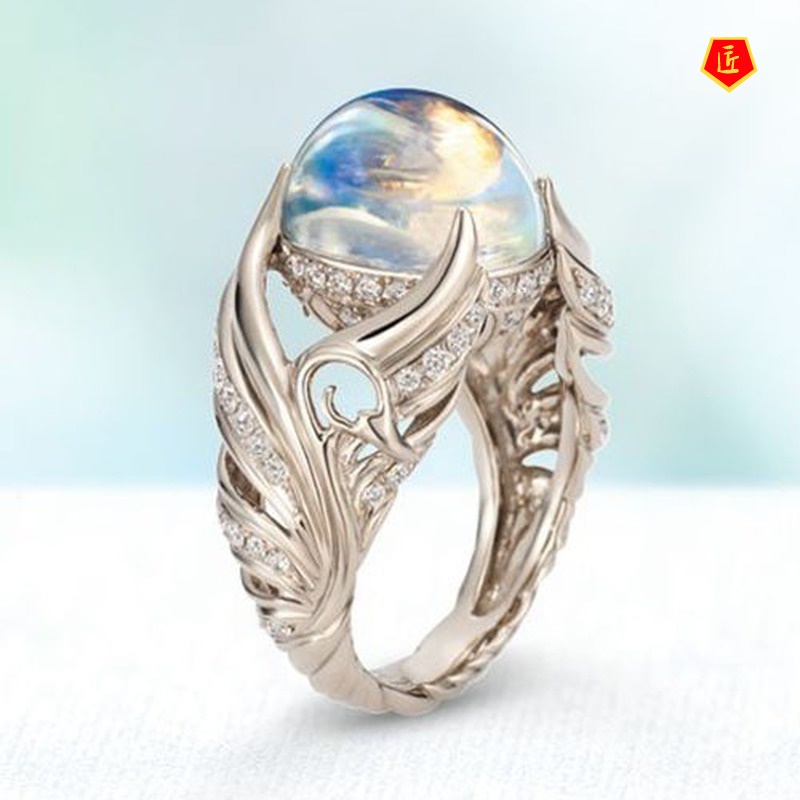 [Ready Stock]Angel Wings Full Diamond Inlaid Moonstone Ring