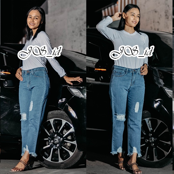 BOYFRIEND JEANS Wanita Non Stretch BF Jeans Ripped Sobek Wanita Kekinian Murah kode Neo