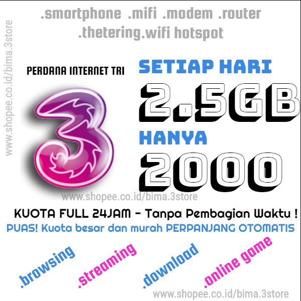 Tri 2 5gb 2000 Kartu Internet Three 2 5gb 2ribu Paket Data Kuota Murah Shopee Indonesia