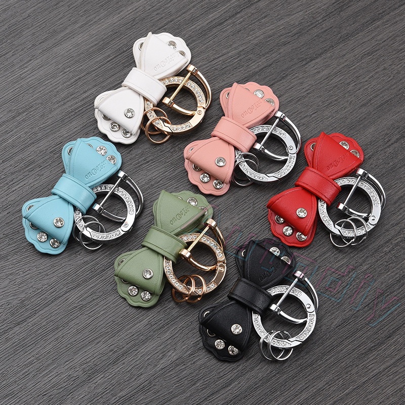 Lucu Wanita Kulit Kupu-Kupu Busur Gantungan Kunci Desain Mewah Kristal Ikatan Simpul Liontin Fashion Kristal Kunci Cincin Tas Mobil Styling Aksesori Hadiah Pacar