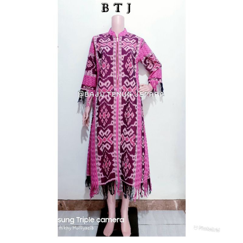 Dress tenun baju tenun jepara rumbai etnik pink DTB48