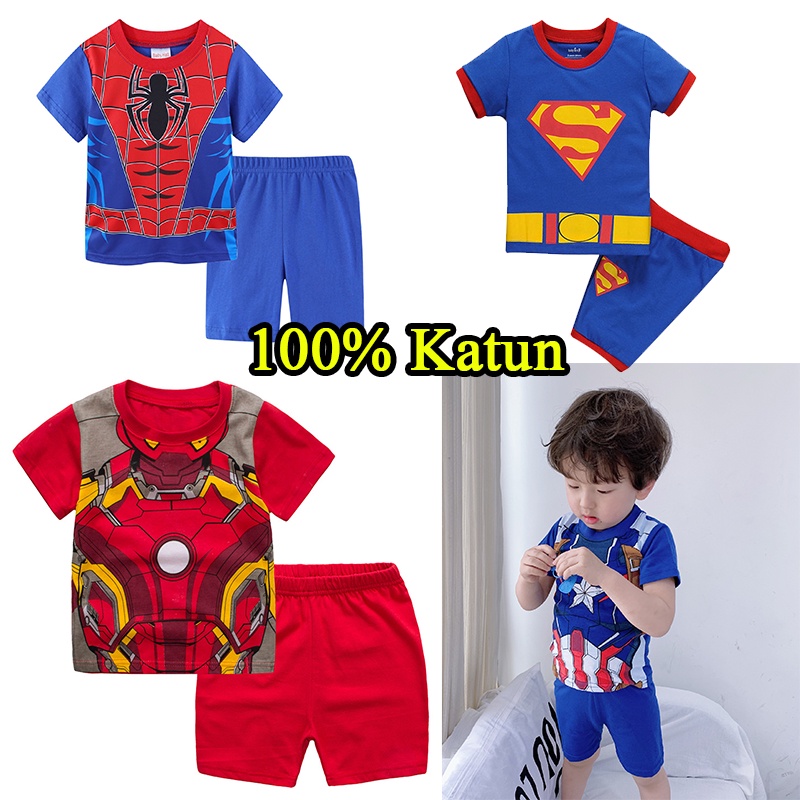 [COD] Setelan Baju/Kaos Anak Laki-Laki Lengan Pendek Motif SUPERHERO AVENGERS 1 - 7 Tahun - spiderman