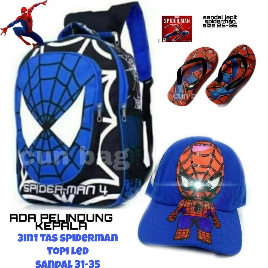 tas sekolah anak sd /tas spiderman/tas spiderman berhadiah sandal dan topi led bisa menyala