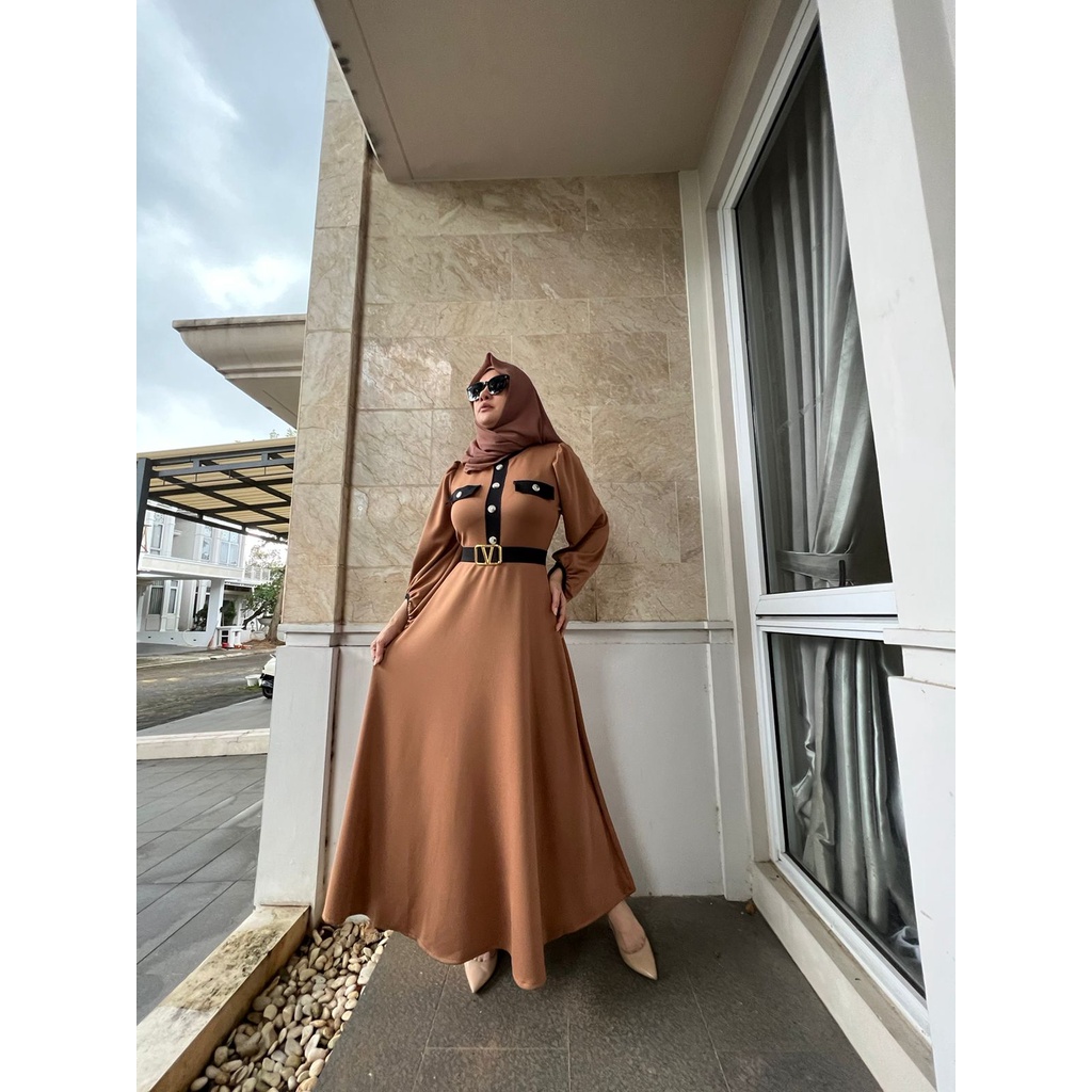 684# Dress Maxi fashion scuba / Gamis scuba garis / Dress muslim +FREE BELT V