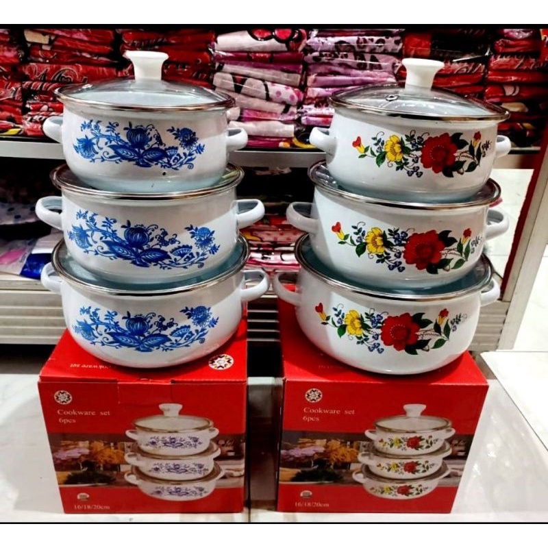 Panci Set Enamel Motif Bunga Tutup Kaca